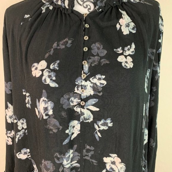 Free People Boho Black Floral Ruffle Tunic Blouse Top S - Picture 3 of 8